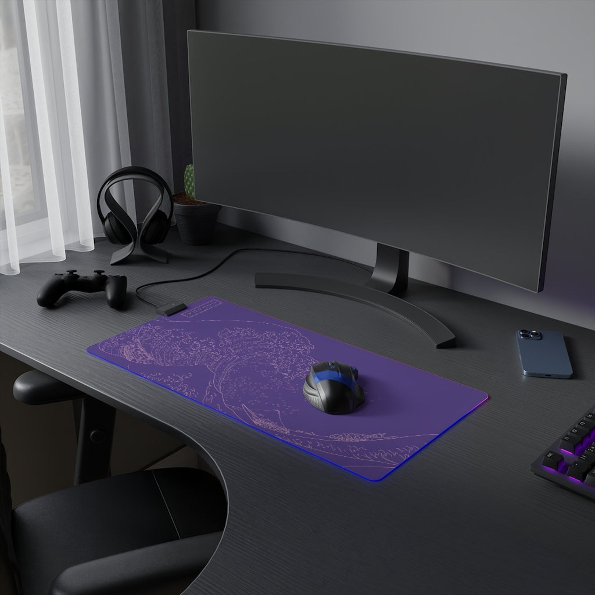 Sewn Edges Japanese LED desk mat, Purple Gaming Mouse Pad
