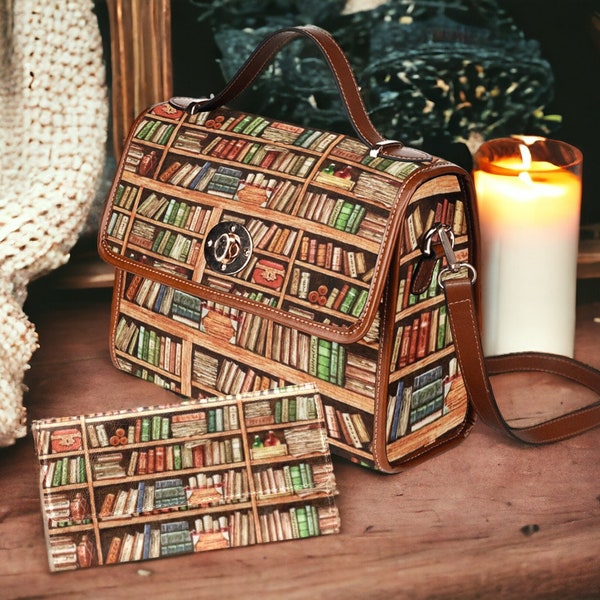 Dark Academia Brown Canvas Satchel messenger bag, Old Book lovers women crossbody bag, Bookworm handbag goth purse, hippies boho gift