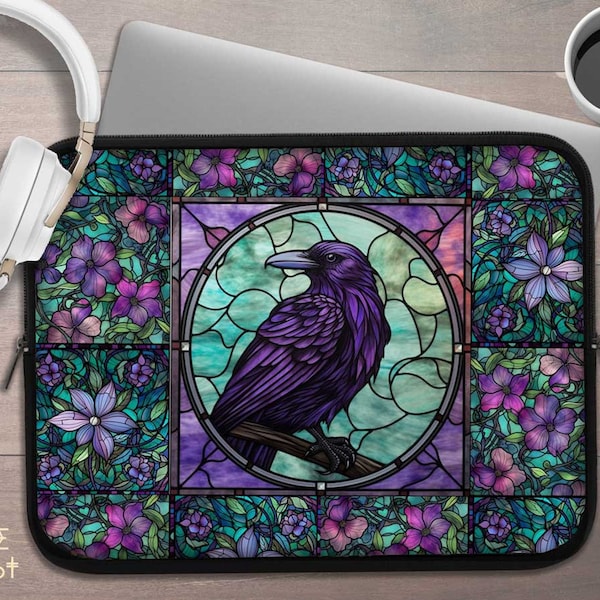 Dark Cottagecore Stained Glass Raven laptop sleeve, Gothic floral Crow Whimsy laptop case iPad tablet cover, laptop travel case padded bag