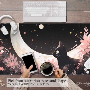 Kawaii Black cat Big moon floral desk mat anime, Pink wildflower cottagecore extended mouse pad RGB, extra large gaming desk pad wrist rest