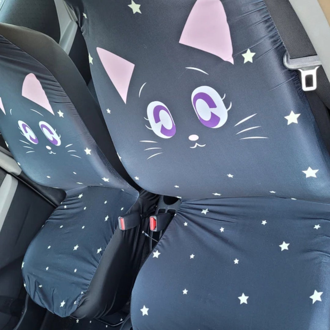 Kawaii schwarze Katze funkelnde Sterne Autositzbezüge, niedliche