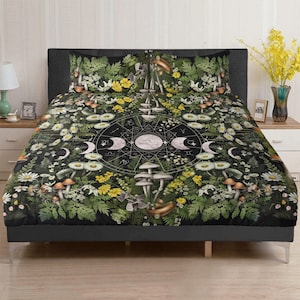 Dark Cottagecore Mushroom Daisy Forest 3 Pcs Beddings, Astrology Celestial bedroom decor, Moon phase nature lover duvet cover pillowcase set