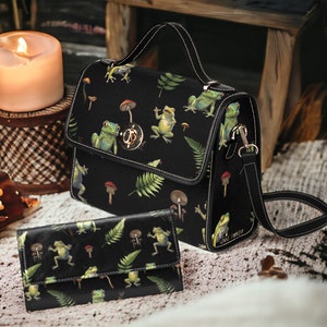 Goblincore Cute Frog mushroom forest Canvas Satchel bag, Women Mystical witchy crossbody purse, Black vegan leather strap goth bag boho gift