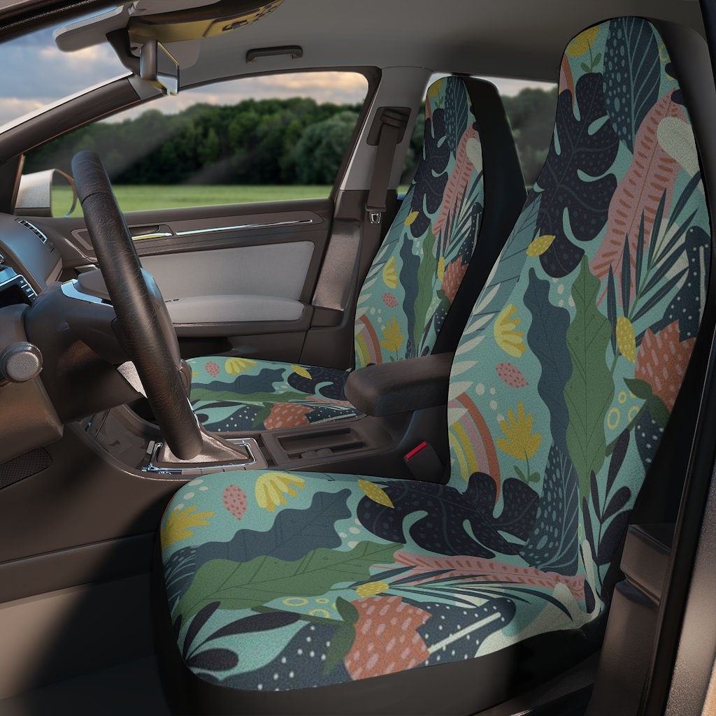Discover Kawaii Green leaves Botanical Car Seat Covers, Cute Forest Minimlist Car Seat Cover for vehicle women Jungle car interior decor accessories