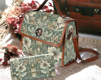 Carnivalcore Sage flower Canvas Satchel bag, French Pastel floral crossbody purse, Boho Victorian Vegan leather trim whimsy cottagecore bag