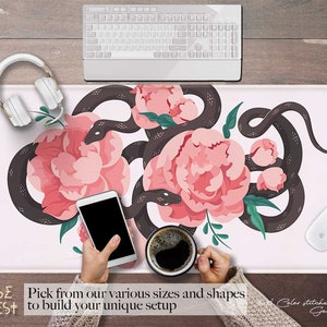 Pink Boho Peony Snake witch desk mat, cute large witchy extended mouse pad, XXL gaming mousepad wrist rest multiple sizes desk setup