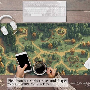 Retro Gaming Green Forest Pixel art desk mat RGB, Beige brown green large mouse pad RGB stitched edges, Cute War Game wrist rest desk setup