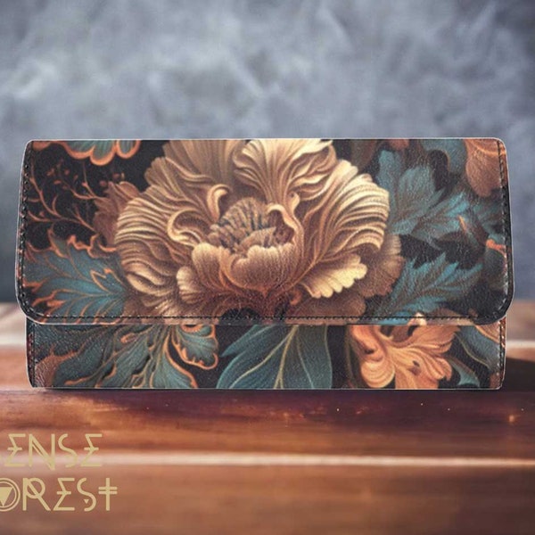 Cottagecore Peony Witchy trifold wallet, Art nouveau Dark academia Black Vegan leather long clutch wallet, Boho Cute women card organizer