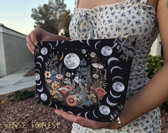 Witchy Tarot deck T / flat pouch, wildflower circle moon phase makeup cosmetic bag, Zipper Pencil Pouch, Toiletry Pouch, Travel Organizer