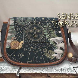 Retro Zodiac Forest witch Canvas Saddle Bag With Vegan leather Strap, Witchy Wicca mushroom crossbody bag, boho hippies accessories gift