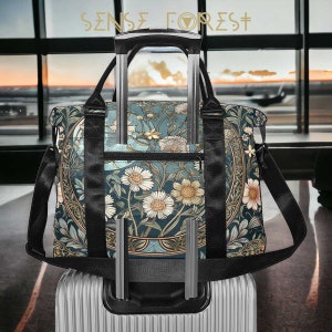 Maximalist Teal floral carry on travel bag, Daisy Personal item airline bag, Under chair aeroplane duffle, weekender with Trolley Sleeve