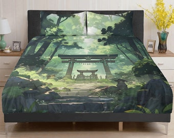 Deep Forest Japan Temple shrine grün 3-teilige Bettwäsche, japanisches Anime Torii Schlafzimmerdekor, Bettbezug Kissenbezugsset, Anime ästhetisches Dekor