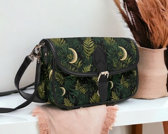 Boho Cottagecore Fern Moon Vegan lederen schoudertas, Y2k onder arm stokbrood tas, cross body portemonnee, Botanische natuur donkere academische tas