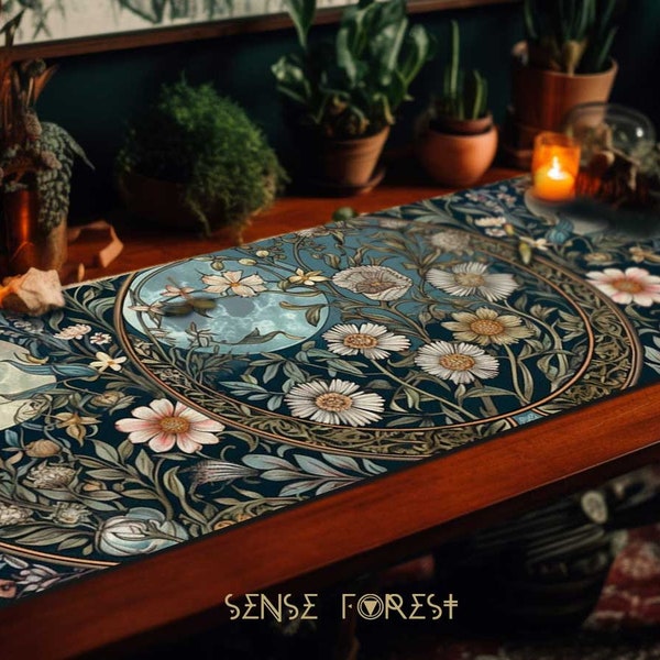 Maximalist aesthetic Tarot Witch triple moon desk mat, Retro Cottagecore Ornate floral Teal mouse pad, PU leather Daisy desk mat mousepad