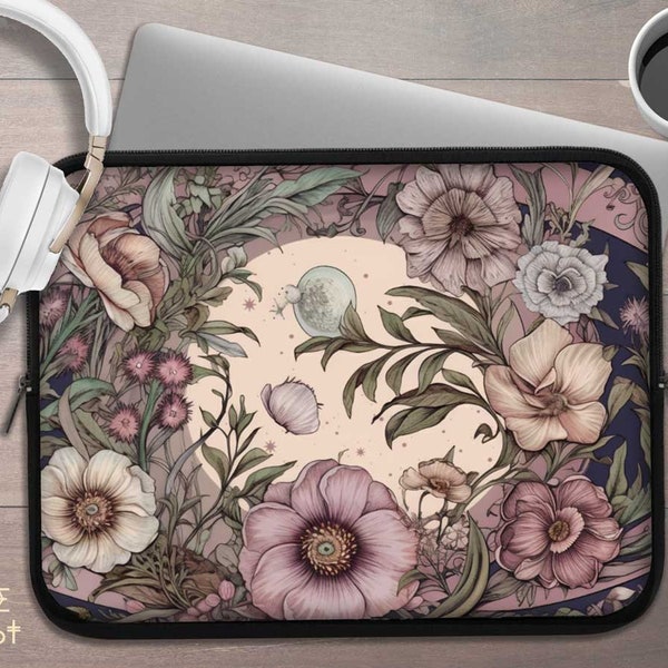 Housse pour ordinateur portable Witchy Cottagecore fleur de coquelicots, housse pour tablette iPad floral lune fantaisiste, étui de voyage pour ordinateur portable, sac rembourré pour ordinateur portable