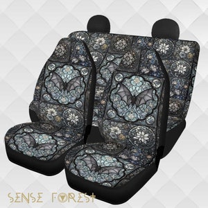 Gothic Medieval Bat stained glass Car Seat Cover Set, Witchy Floral goth Front back seat cover, Car headrest interior decor, car accessories