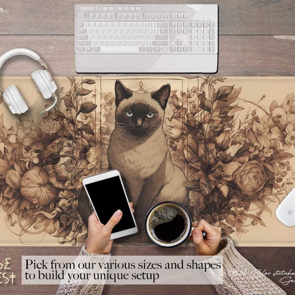 Retro Siamese cat PU leather desk mat cute, Cottagecore Beige brown witchy kitty XXL gaming mouse pad, Whimscy Ergonomic mousepad wrist rest