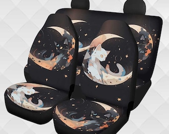 Double Moon Luna and Artemi cat  Car Seat Cover, Anime Whimsical Vehicle seat protector, Kawaii Celestial Car interior decor accessories