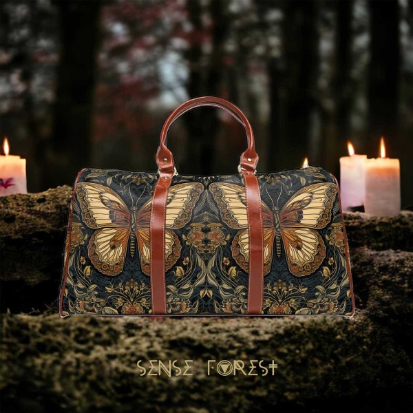 Sac de voyage imperméable rétro double papillon Mystical sun, grand sac de week-end Cottagecore witchy avec bandoulière, sac de voyage en cuir végétalien