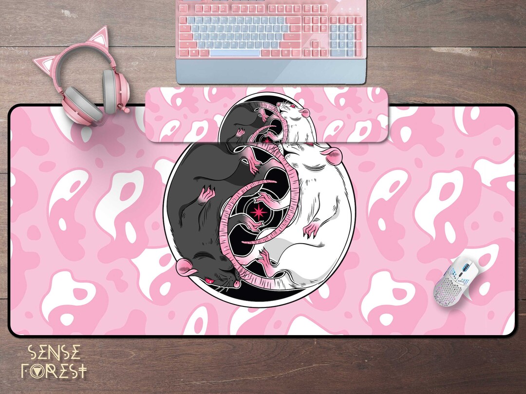Sewn Edges Pink Gamer Mousepad, Cute Pastel Goth Yin Yang Mouses Desk