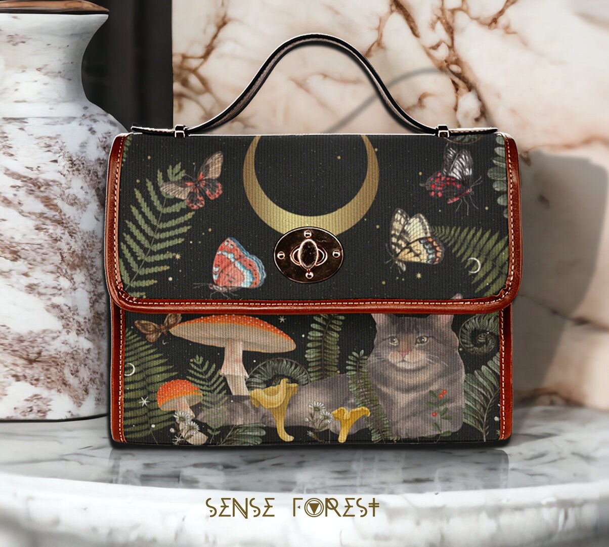 Cottagecore Cat Forest Canvas Satchel Bag Women Witchy Moon Crossbody Purse Cute Vegan Leather Strap Handbag Goth Bag Hippies Boho Gift