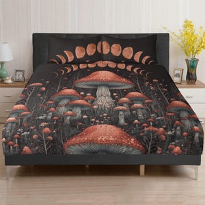 Dark Cottagecore Red mushroom Forest 3 Pcs Beddings, Forestcore Amanita bedroom decor, Moon phase nature lover duvet cover pillowcase set