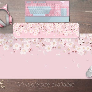 Cute Pastel Pink Extended gaming mouse pad, Kawaii Japanese cherry blossom Anime scene desk mat, Sakura pink gamer desk accessories gift