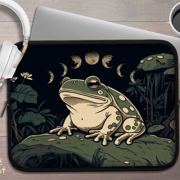 Goblincore Green frog laptop sleeve, Cute witchy moon phase cottagecore laptop case iPad tablet cover, laptop travel case, laptop padded bag