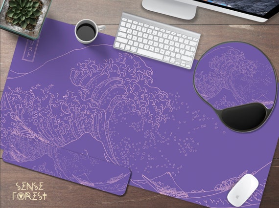 Tapis de souris japonais XL Tapis de souris de jeu Grande vague de Kanagawa  et soleil Aquarelle Tapis de bureau complet 30 x 40,5 cm, bords cousus