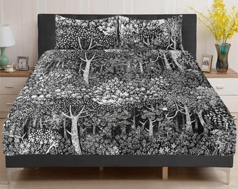 Black & white Cottagecore Linocut art Forest 3 Pcs Beddings, Forestcore scandinavian bedroom decor, nature lover duvet cover pillowcase set