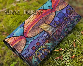 Cottagecore stained glass mushroom Tri-fold wallet, Witchy Vegan Leather wallet, Boho retro Psychedelic Wallet organizer Long clutch wallet