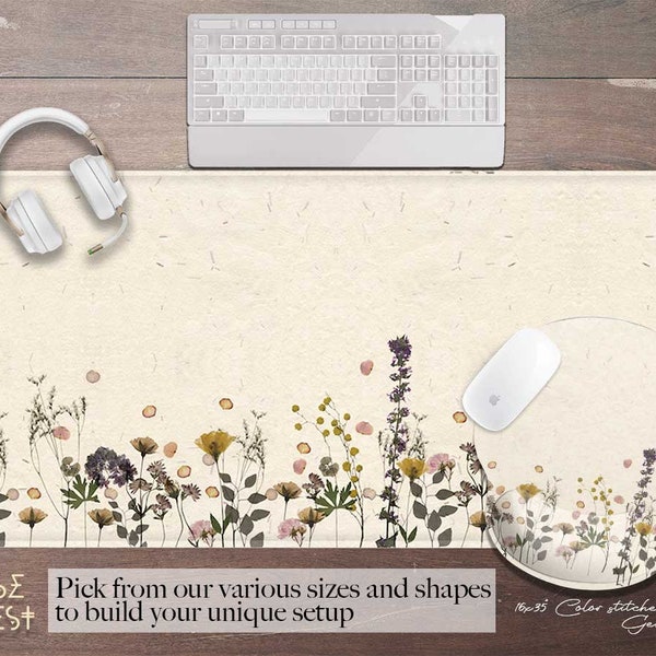 Pressed Dried Flowers Art Desk Mat, Green Witchcraft Desk Mat Decor, Extra Large Desk Mat Mouse Pad, New Job Gift, cottagecore aesthetic