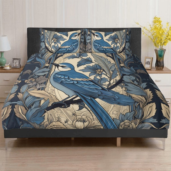 Cottagecore geai bleu floral forêt 3 pièces literie, décoration de chambre à coucher oiseau dévotion sorcière, ensemble de taie d'oreiller housse de couette amoureux de la nature