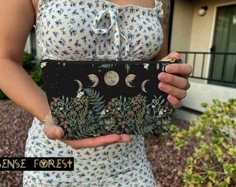 Green Witch Nature T or flat pouch, Moon Phase Forest makeup cosmetic bag, Boho Crystal Tarot Zipper Pouch, Pencil Pouch, Toiletry Pouch