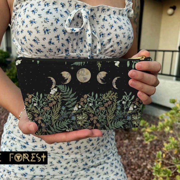 Green Witch Nature T or flat pouch, Moon Phase Forest makeup cosmetic bag, Boho Crystal Tarot Zipper Pouch, Pencil Pouch, Toiletry Pouch