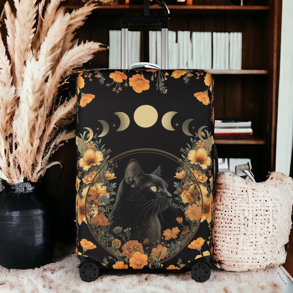 Dark Cottagecore moon phase black cat Polyester Luggage Cover, kitty floral Luggage protector suitcase decor, Travel lover traveller gift