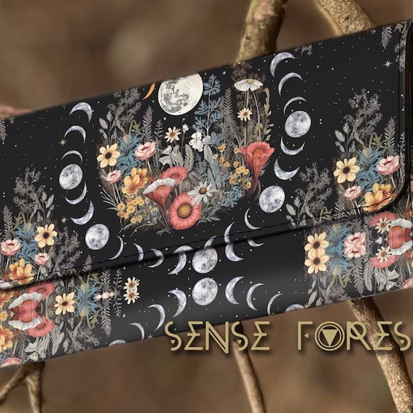 Moon cycle wildflower Tri-fold wallet, Witchy Cottagecore Vegan Leather wallet, moon witch women Wallet organizer Long clutch wallet purse