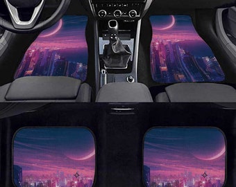 Purple Neon city car floor mats, Cute Japanese night moon Anime car interior decor, car accessories, Big moonn Kawaii car mats set