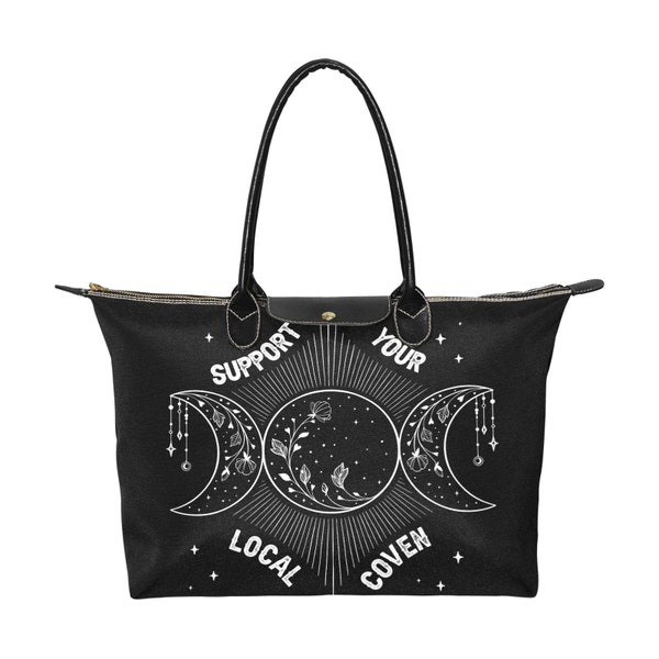 Witchy triple moon bag, Support your local coven handbag, boho zip tote, Pagan Occult aesthetic bag with vegan leather handles, witch gift