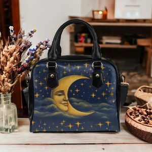 Blue sky Big moon starry bowler handbag, Lunar Celestial boho Vegan leather shoulder strap purse crossbody bag, Witchy aesthetic gift