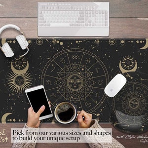 Astrology Black Witchy Celestial Desk Mat, Mystical Sun Moon Large Desk Mat, Boho Extra Large Mouse Pad, Constallation Round Mouse Pad