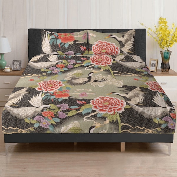 Literie 3 pièces oiseau grue asiatique japonais, décoration de chambre à coucher de jardin pivoine maximaliste, taie d'oreiller housse de couette japonaise chinoise