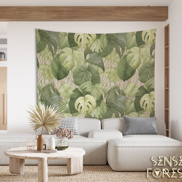 Botanical pastel green Tropical forest wall tapestry, Plant lover Monstera Philodendron decor Wall art, Scandinavian dorm wall hang gift