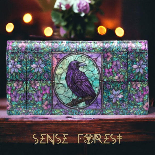 Gothic Stained Glass Raven Tri-fold wallet, Witchy Goth Medieval Vegan Leather wallet, Purple Crow Wallet organizer Long clutch wallet purse