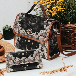 Sac cartable en toile sorcière Cottagecore, sac à main croisé femme soleil lune, joli sac à main en cuir végétalien avec sangle, sac goth, cadeau bohème hippies