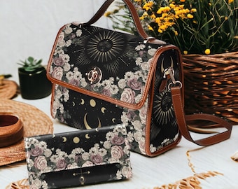 Sac cartable en toile sorcière Cottagecore, sac à main croisé femme soleil lune, joli sac à main en cuir végétalien avec sangle, sac goth, cadeau bohème hippies