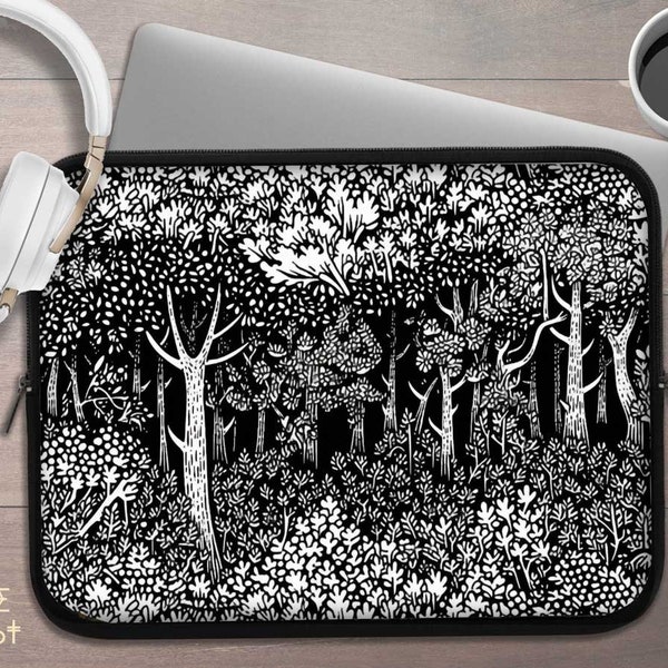 Witchy forest linoprint laptop sleeve, Black white monochrome laptop case IPad tablet cover, nature lover laptop travel case padded bag