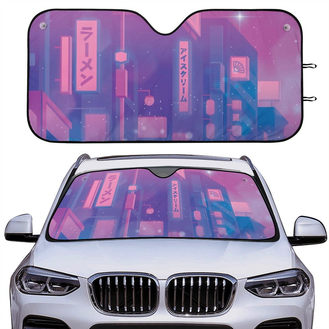 Japanese Neon City Night Windshield Sunshade, Tokyo Purple Street Anime ...