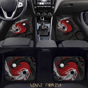 Japanese Red Sun Car floor Mat set, YinYang Koi Fish car interior decor, Japan art car accessories, Mystical Cute car mats for women