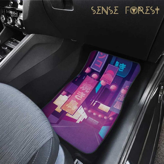 Purple Neon City Car Floor Mats, Cute Japanese Night Street Anime